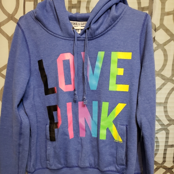 PINK Victoria's Secret Blue Hoodie with Multicolor 'LOVE PINK' - Picture 1 of 4